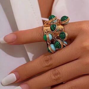 Gold and Green Charm Statement Ring